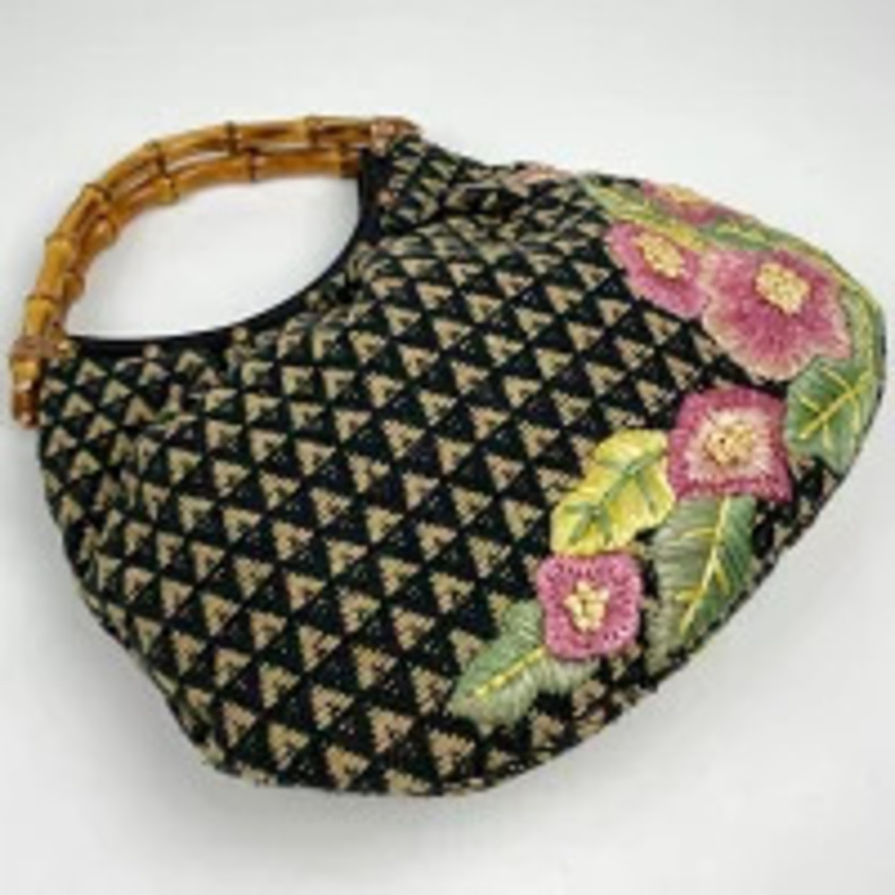 Gucci Bamboo Embroidery 2way Floral Black Handbag Multicolor